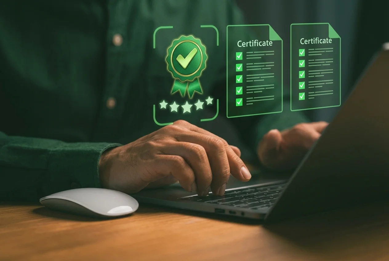 An educator showcasing a verified digital badge and academic credential earned through the microcredentials in education program at MCA Open University.