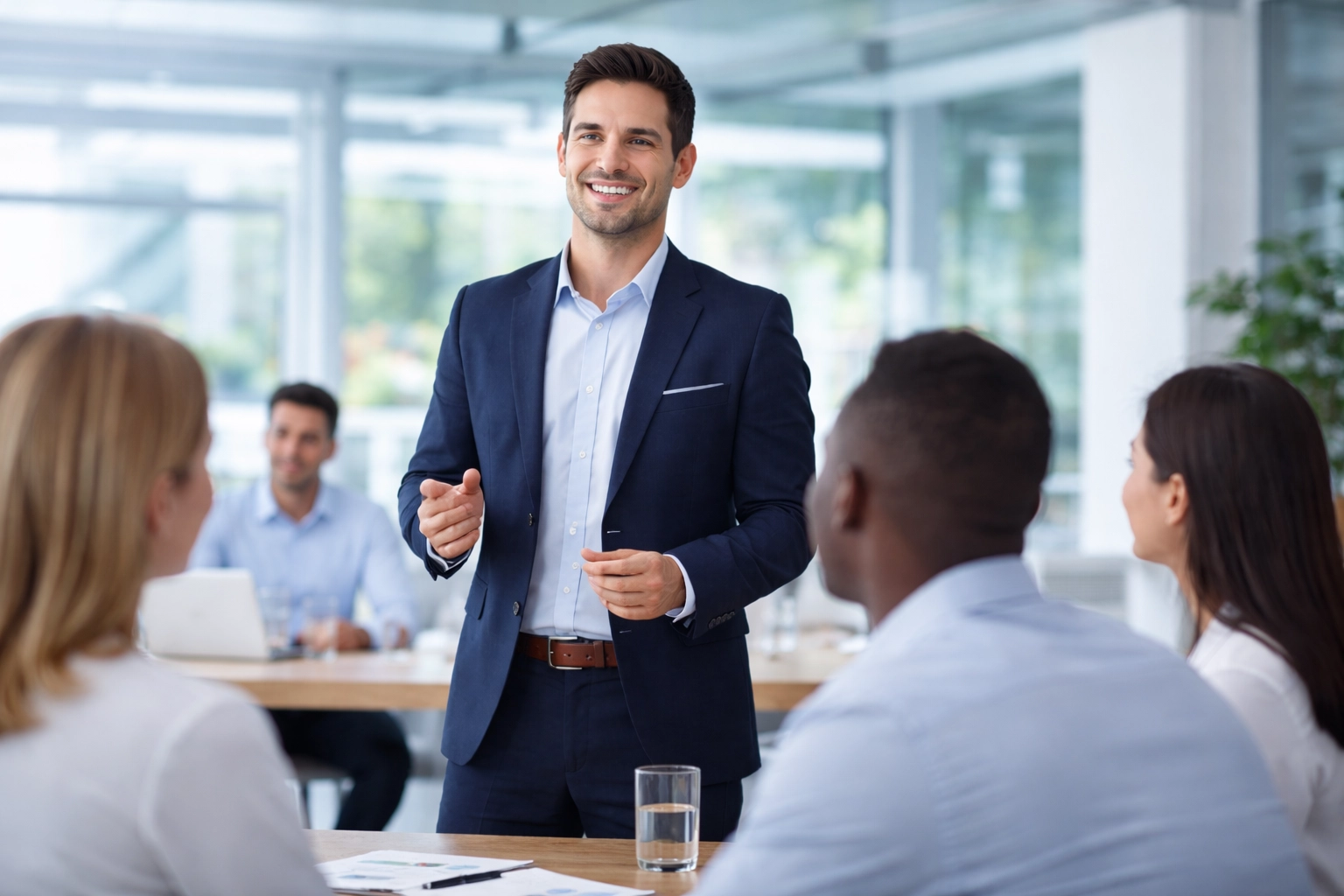 Instructor delivering a clear, engaging academic presentation in a lecture hall setting.
