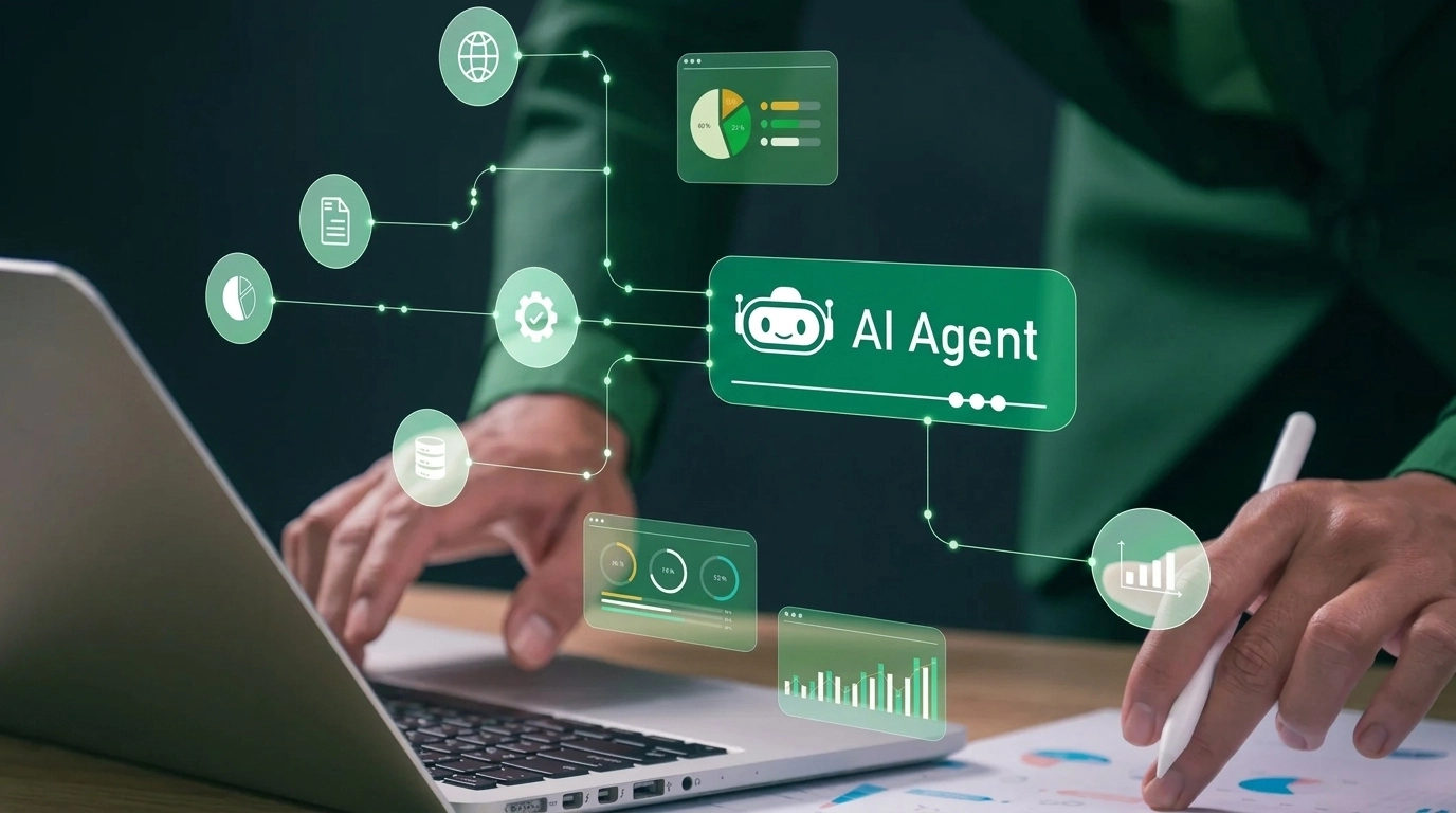 Enterprise manager reviewing AI-driven business models and digital transformation roadmaps on a modern display.